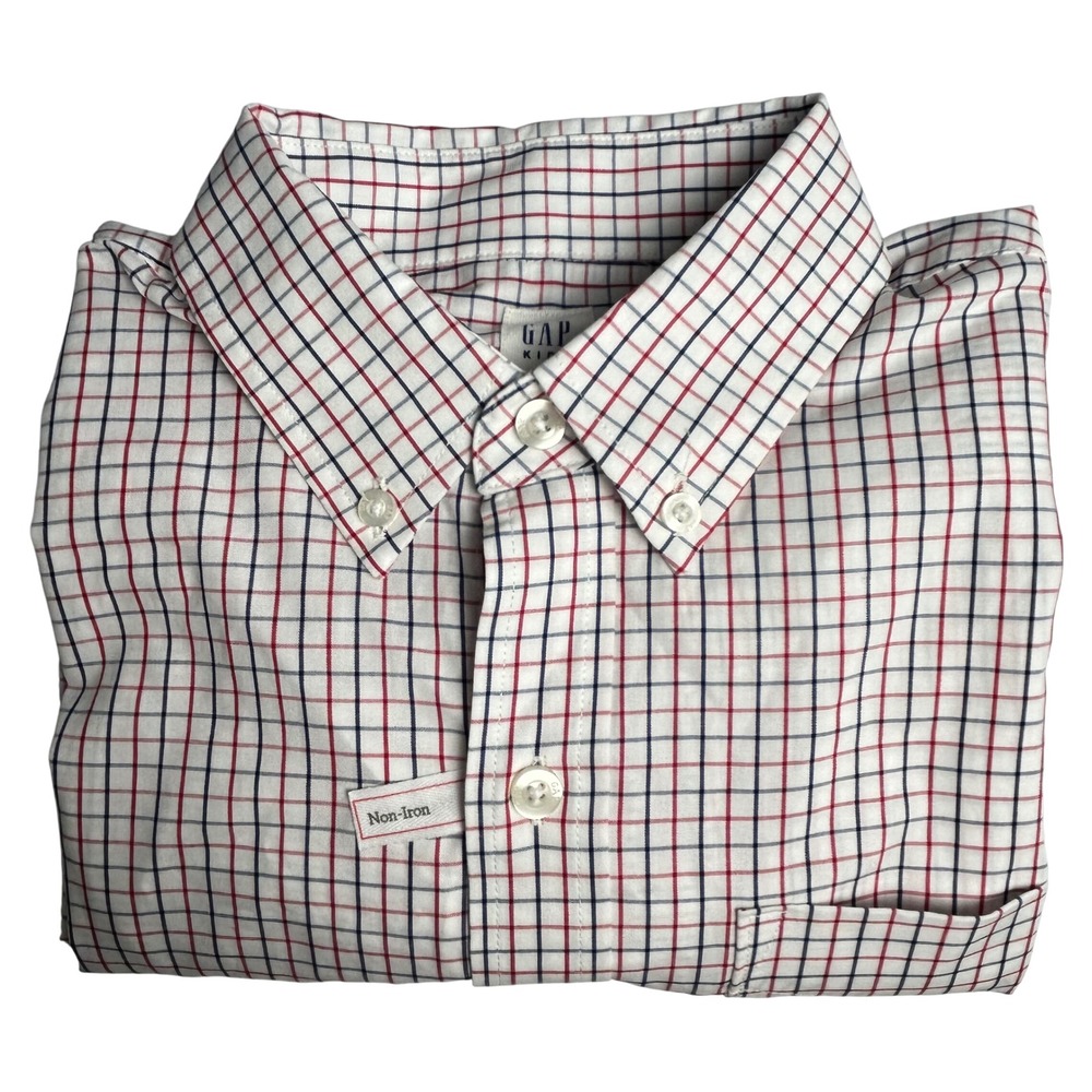 GAP Kids XXL 14-16 White Red Blue‎ Plaid Non-Iron Long Sleeve Button Down Shirt
